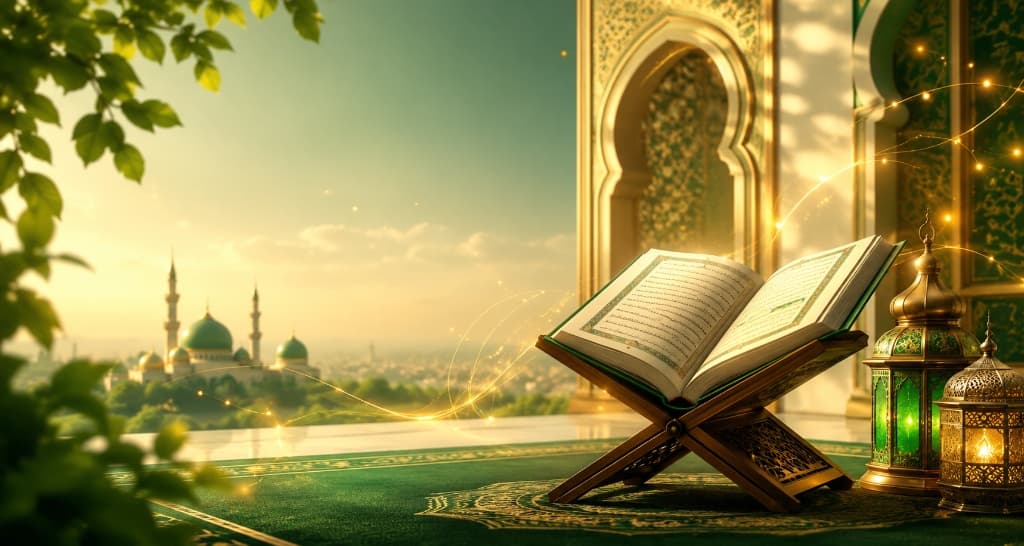 Holy Quran resting on wooden Rehal with illuminated mosque dome and lanterns